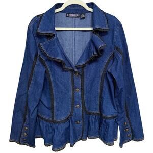 Pyramid Collection Ruffle Denim Jacket Women 2X Blue Black Lace Trim Whimsigoth